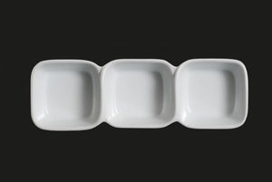 AW1804: 9" Appetizer Rectangular 3 Case Dish 3 x 3 oz. White Chinaware Top View