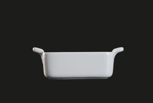 AW9086: 4.75 x 3.75" Rectangular Baking Dish 12 oz. White Chinaware Side View